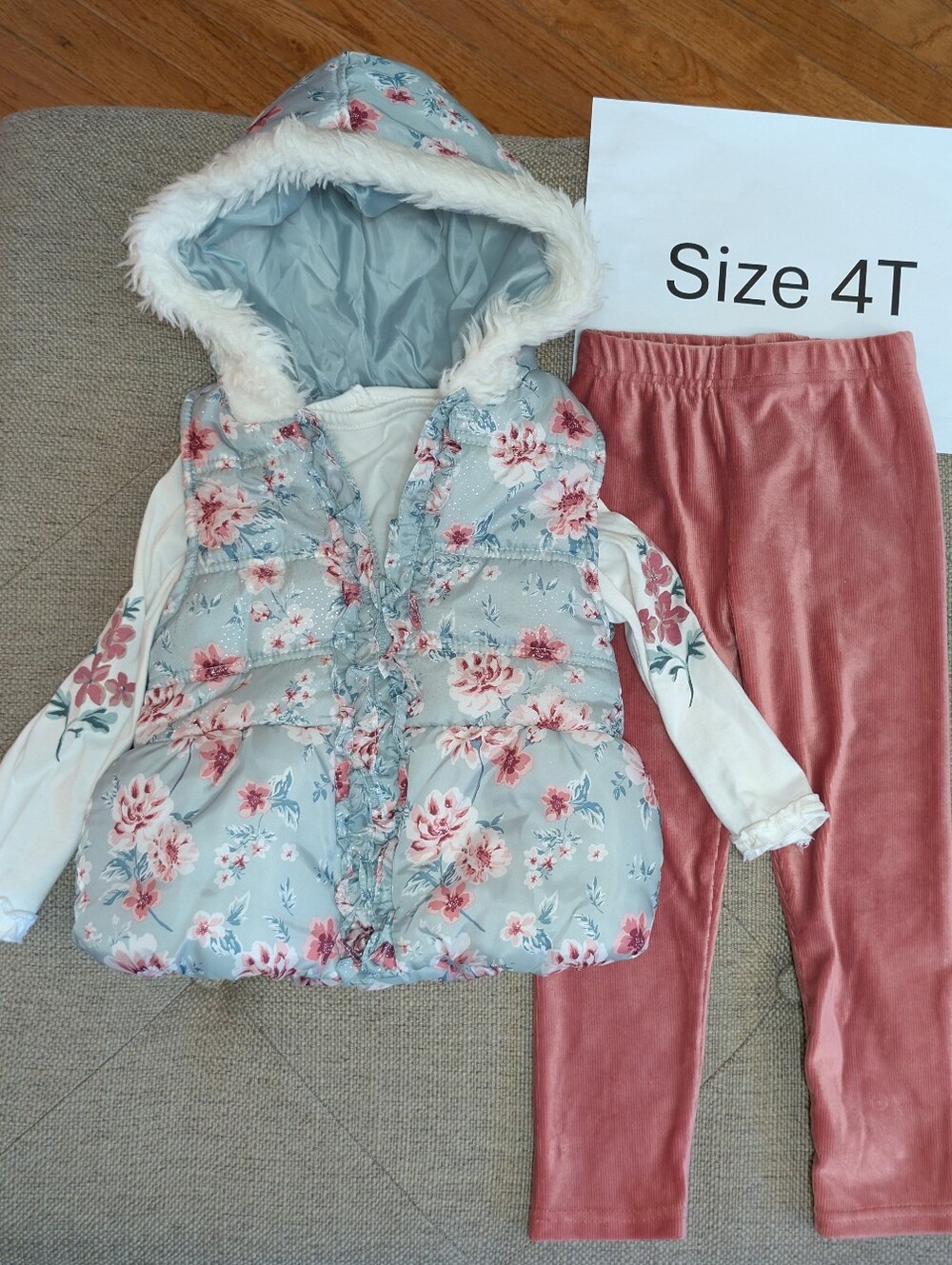 Little Lass Pink Floral Hooded Puffer Vest Set with Dusty Rose Leggings